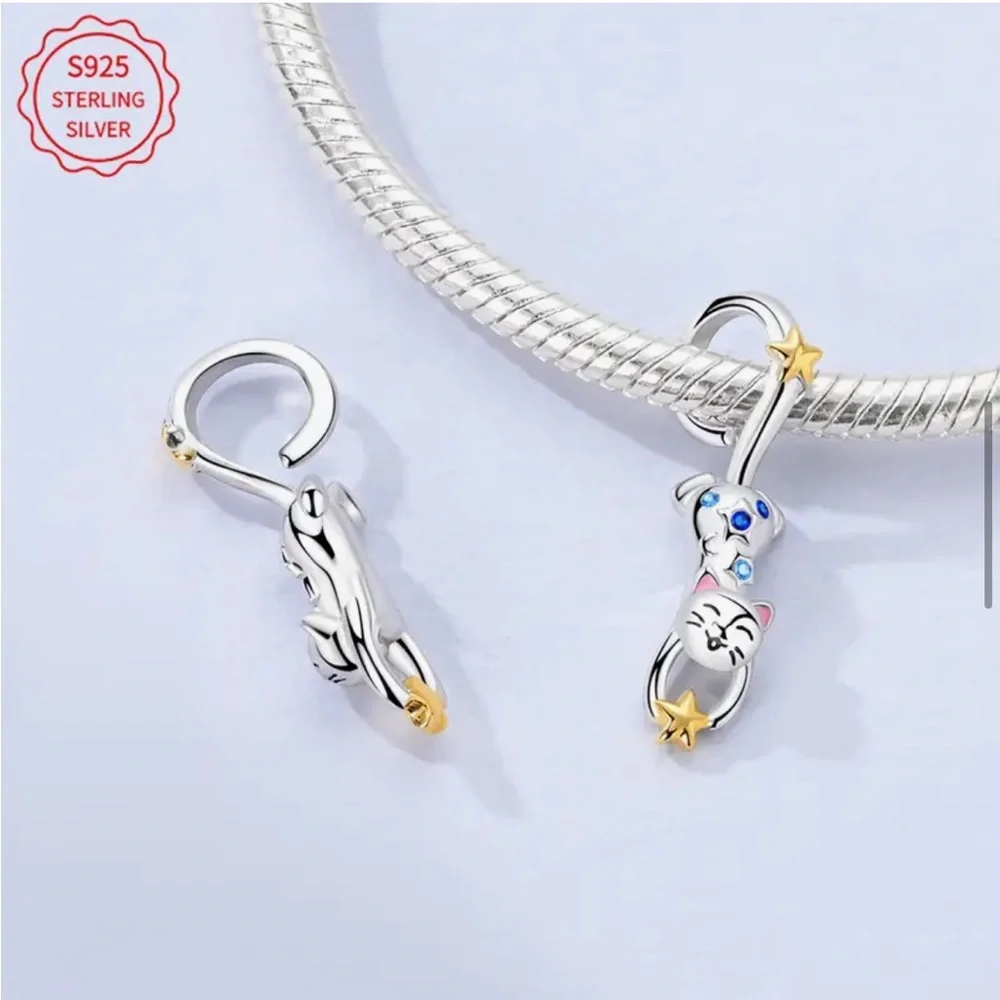 925 Star Catching Kitty Jewelry Charm-NEW